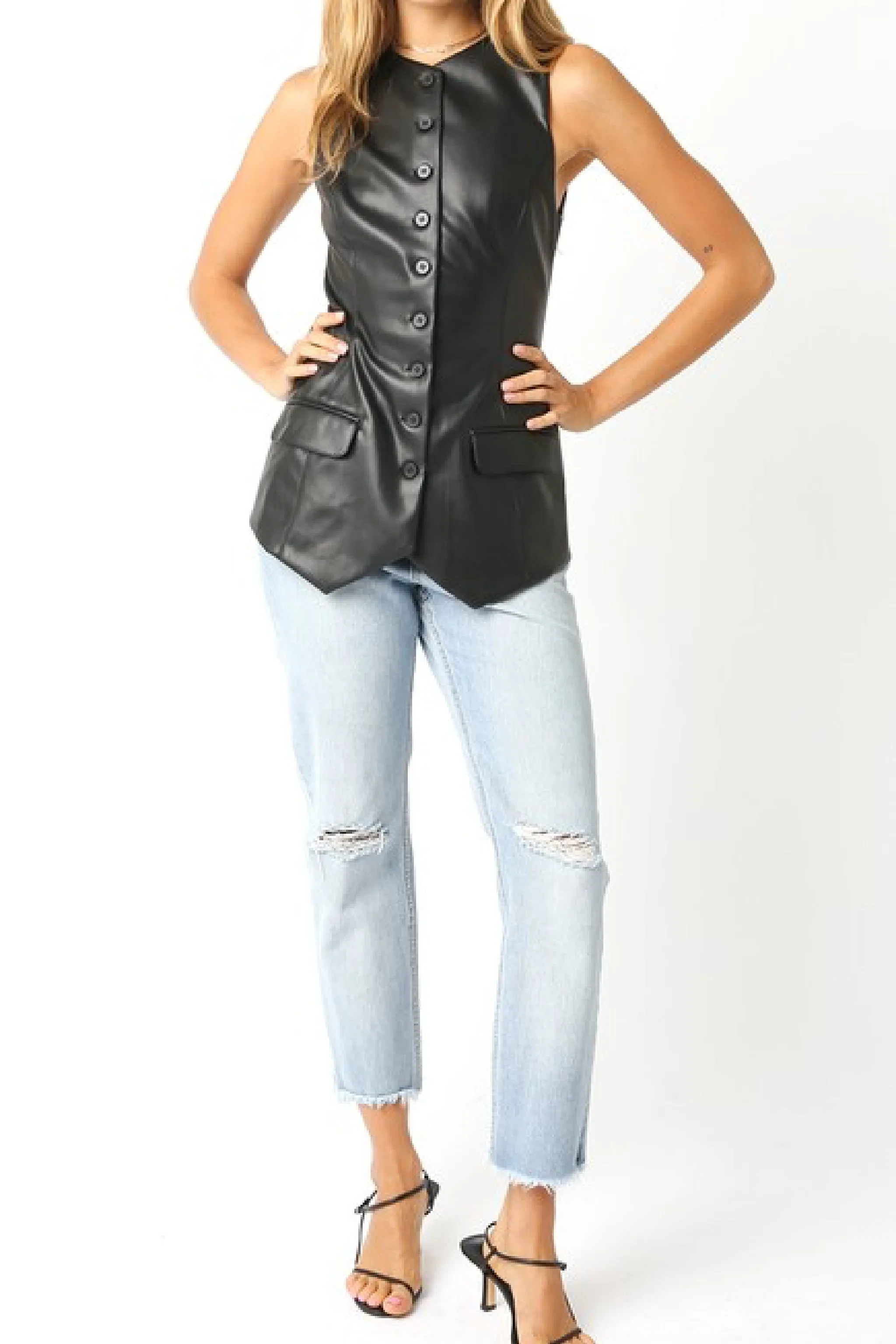 Lainey Sleeveless Vegan Leather Button Down Vest Black