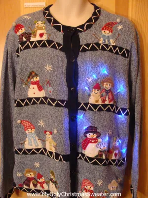 Light Up Blue Christmas Sweater Snowmen Friends