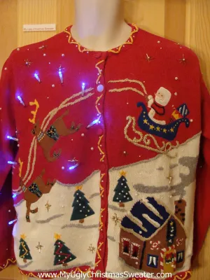 Light Up Red Ugly Xmas Sweater with Reindeer and Santa Winner
