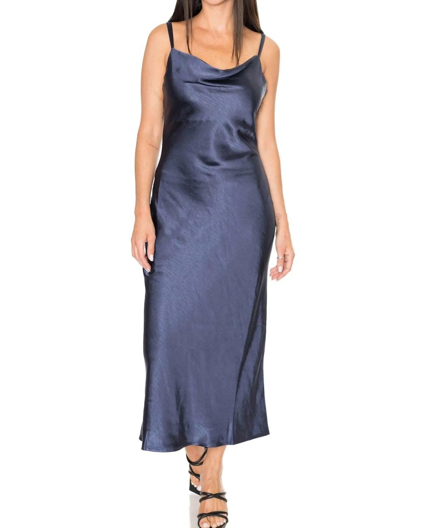 Linda Satin Cowl Neck Slip Maxi Dress In Navy | Navy