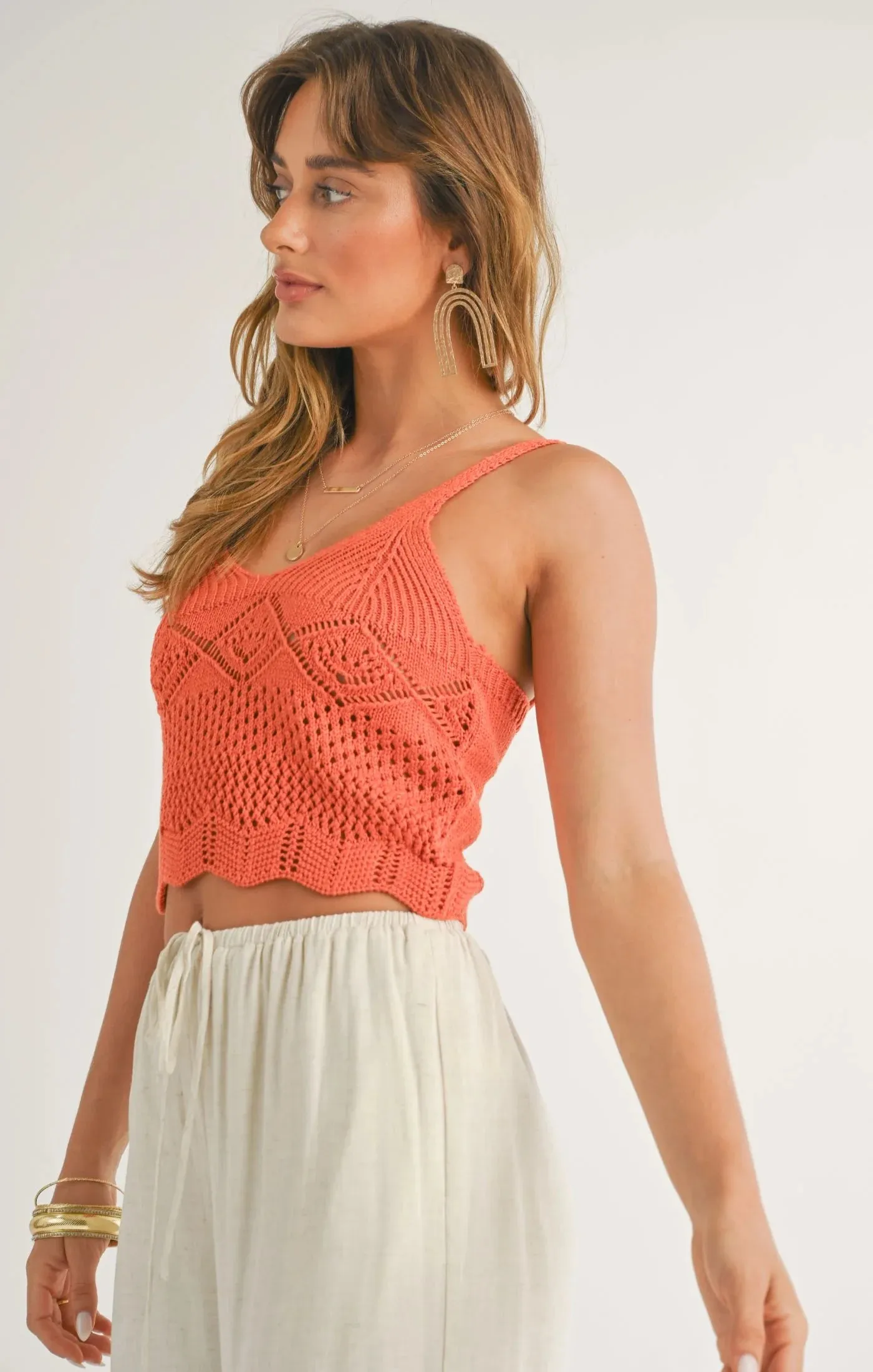 Mae Pointelle Crop Sweater Top | Orange