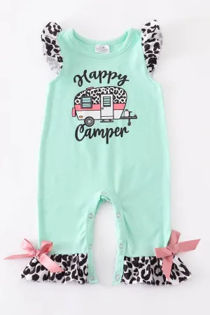 Mint Leopard Ruffle Happy Camper Romper