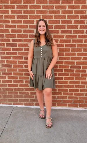 Olive Button Down Pocket Tiered Dress