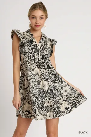 PAISLEY PRINT V NECK BABYDOLL COLLARED DRESS W/RUFFLED CAP SLEEVES