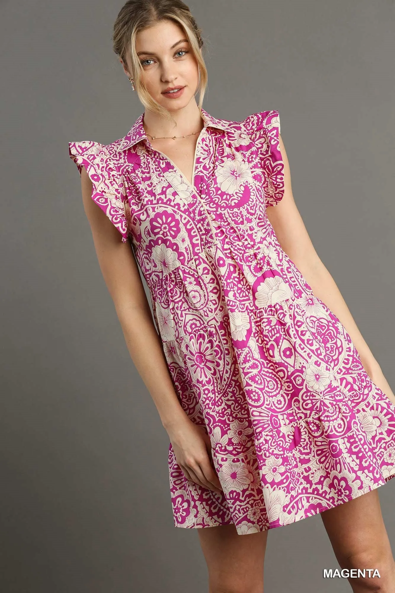 PAISLEY PRINT V NECK BABYDOLL COLLARED DRESS W/RUFFLED CAP SLEEVES