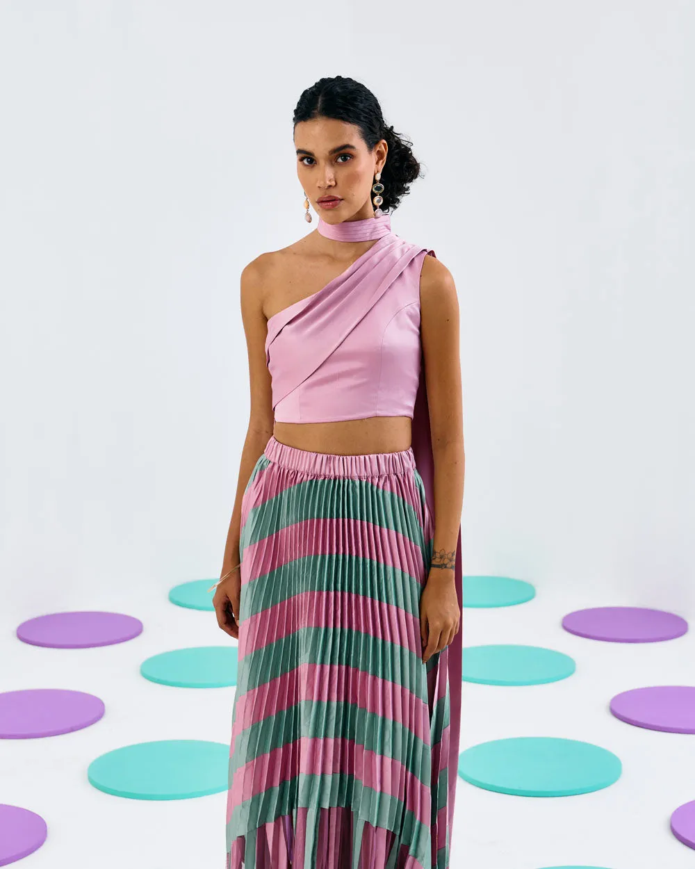 Pink One Shoulder Pleated Drape Top