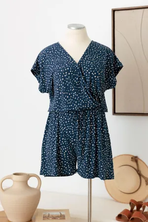 Plus Size Polka Dot Short Sleeve Adjustable Belt Warp Romper