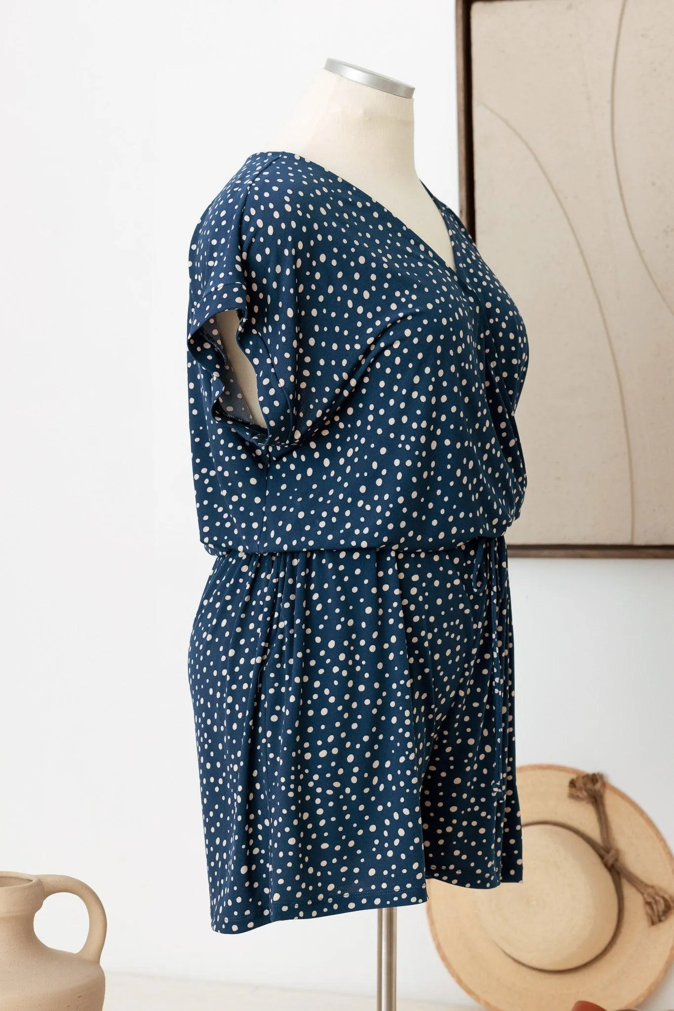 Plus Size Polka Dot Short Sleeve Adjustable Belt Warp Romper