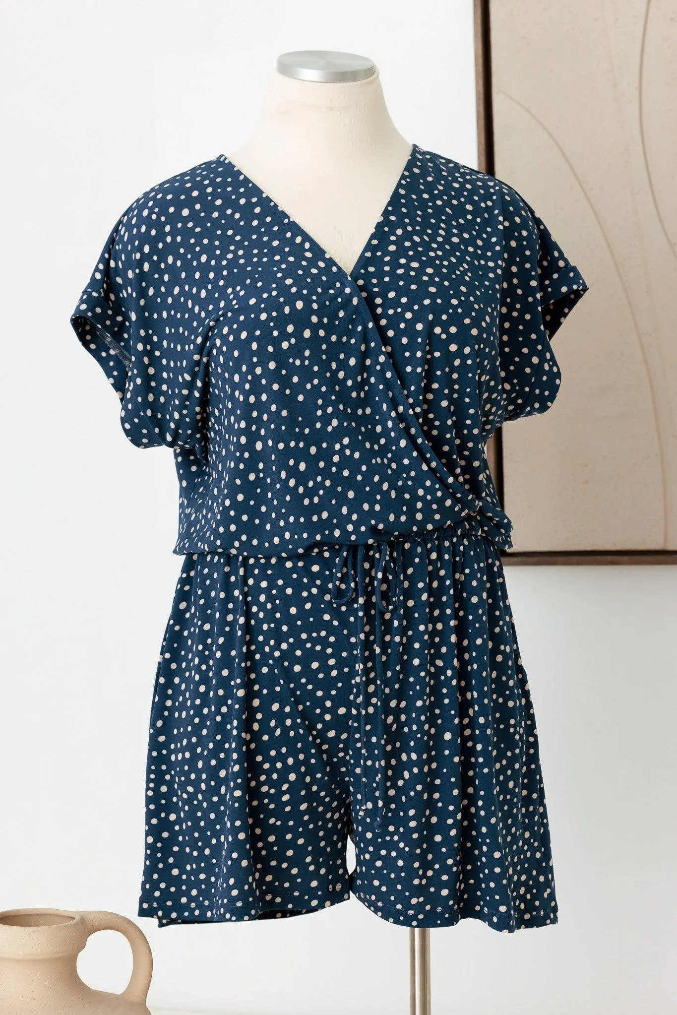 Plus Size Polka Dot Short Sleeve Adjustable Belt Warp Romper