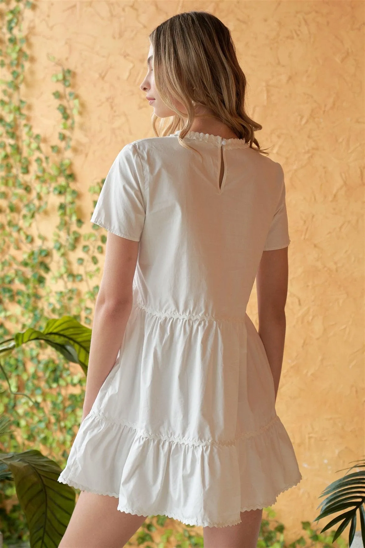Pure Innocence White Short Sleeve Frill Hem Round Neck Loose Fit Tiered Babydoll Mini Dress /1-2-1