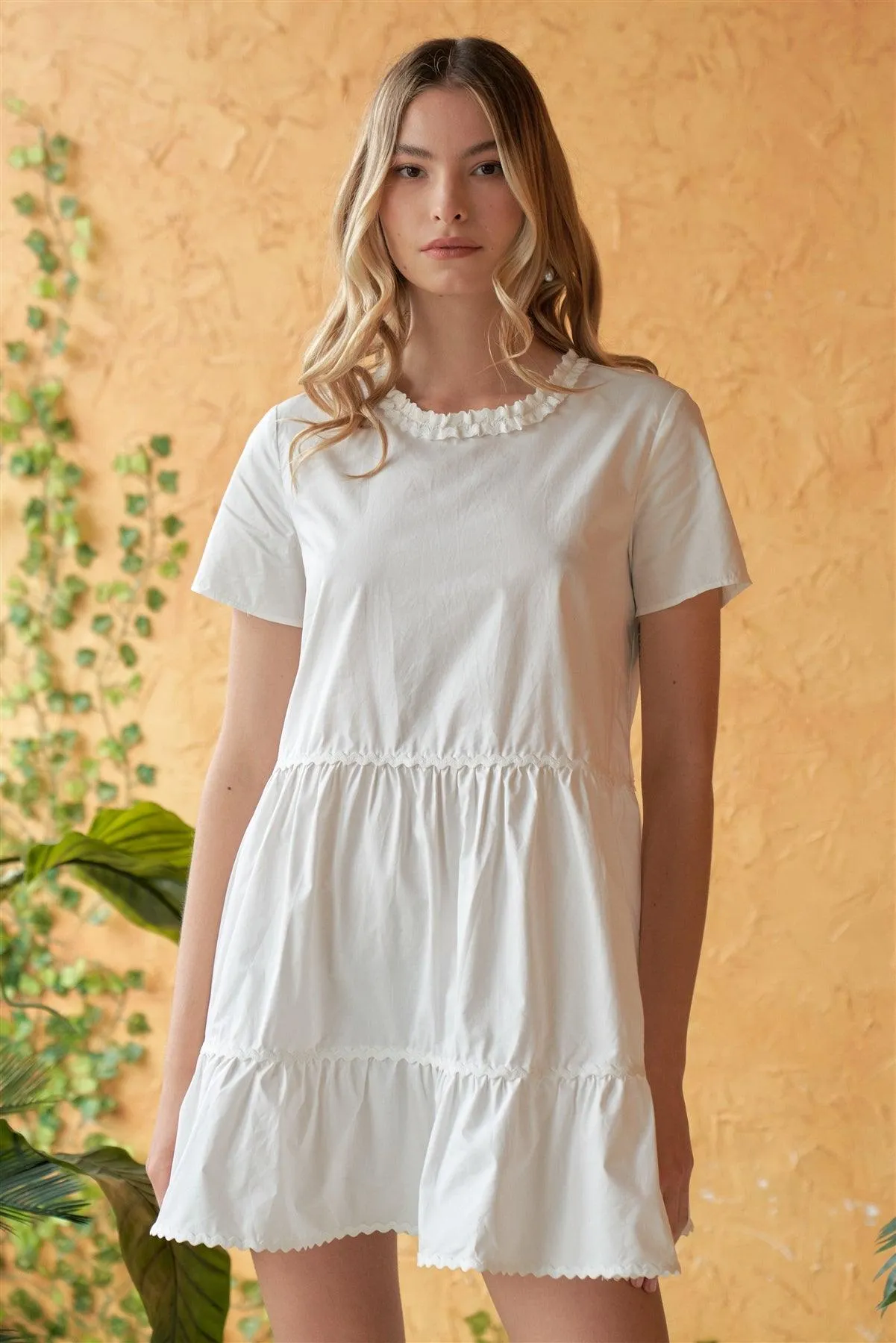 Pure Innocence White Short Sleeve Frill Hem Round Neck Loose Fit Tiered Babydoll Mini Dress /1-2-1