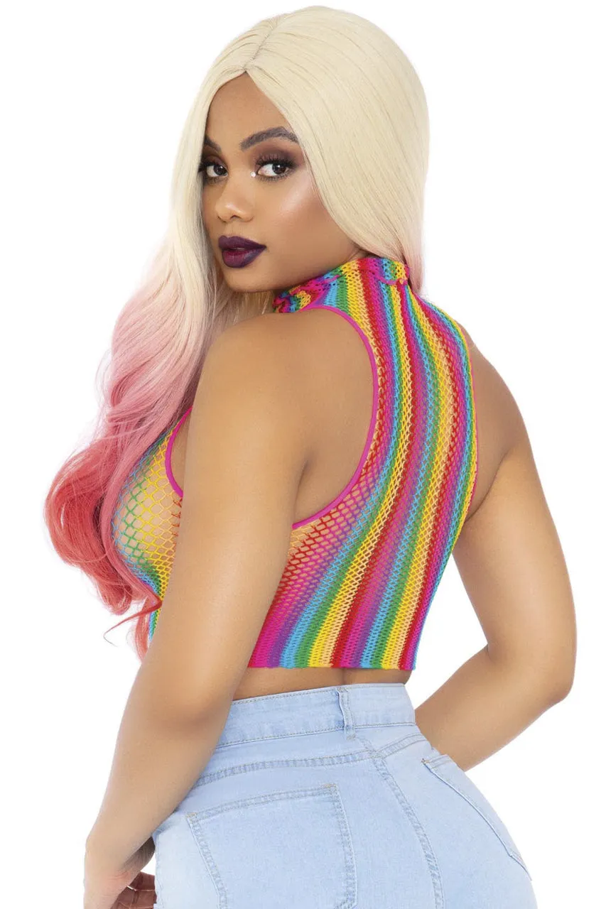 Rainbow Fishnet High Neck Crop Top