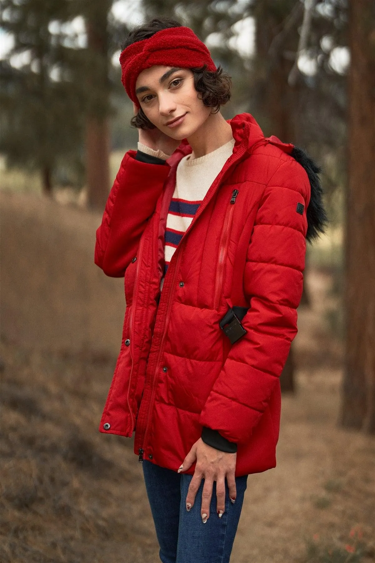 Red Faux Fur Harness Buckle Belt Detail Long Fitted Puffer Jacket /1-2-2-2