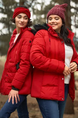 Red Faux Fur Harness Buckle Belt Detail Long Fitted Puffer Jacket /1-2-2-2