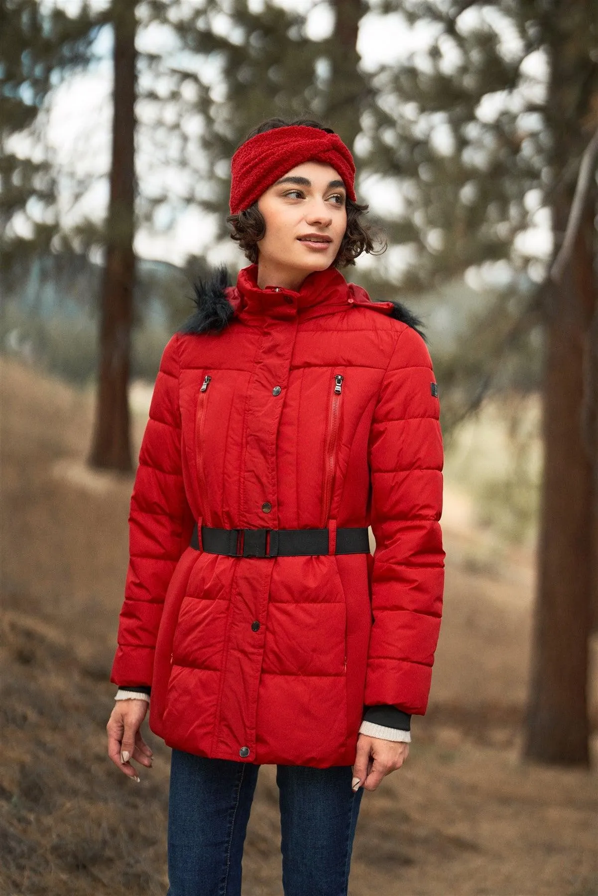 Red Faux Fur Harness Buckle Belt Detail Long Fitted Puffer Jacket /1-2-2-2