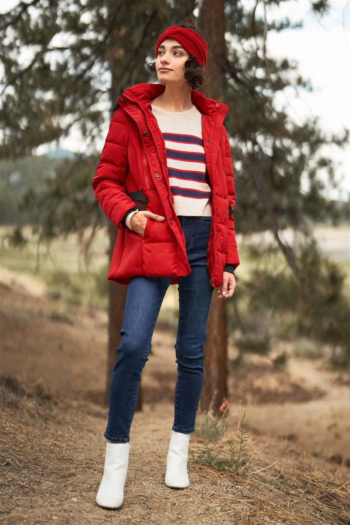 Red Faux Fur Harness Buckle Belt Detail Long Fitted Puffer Jacket /1-2-2-2