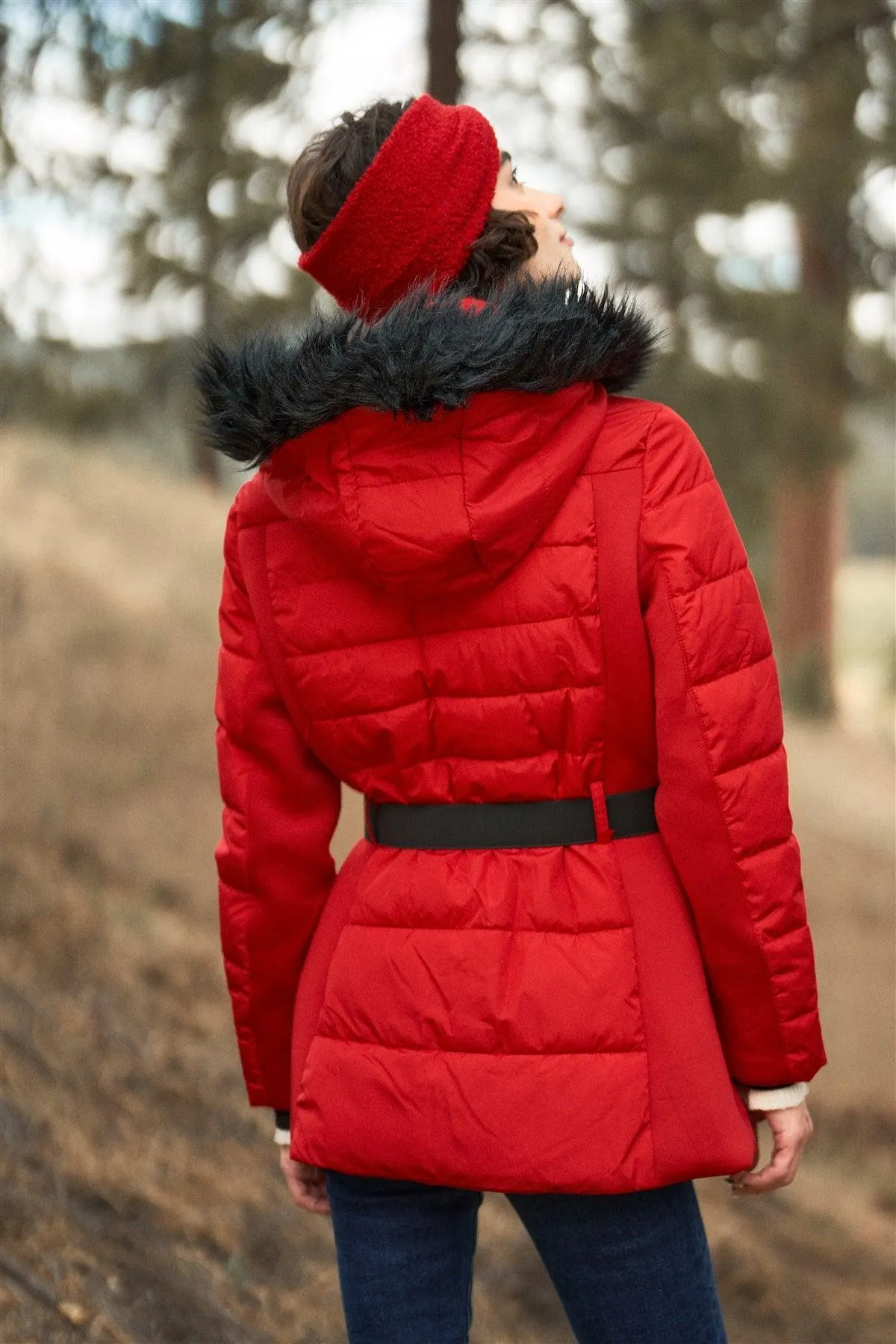 Red Faux Fur Harness Buckle Belt Detail Long Fitted Puffer Jacket /1-2-2-2