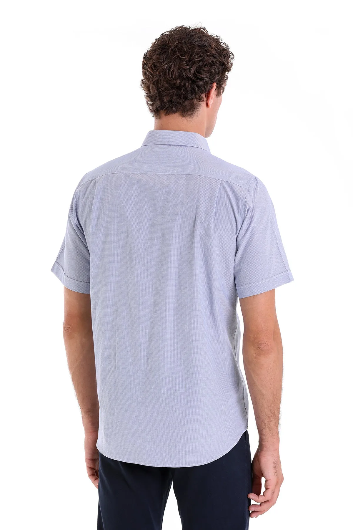 Regular Fit Pin Check Cotton Blend Navy Dress Shirt