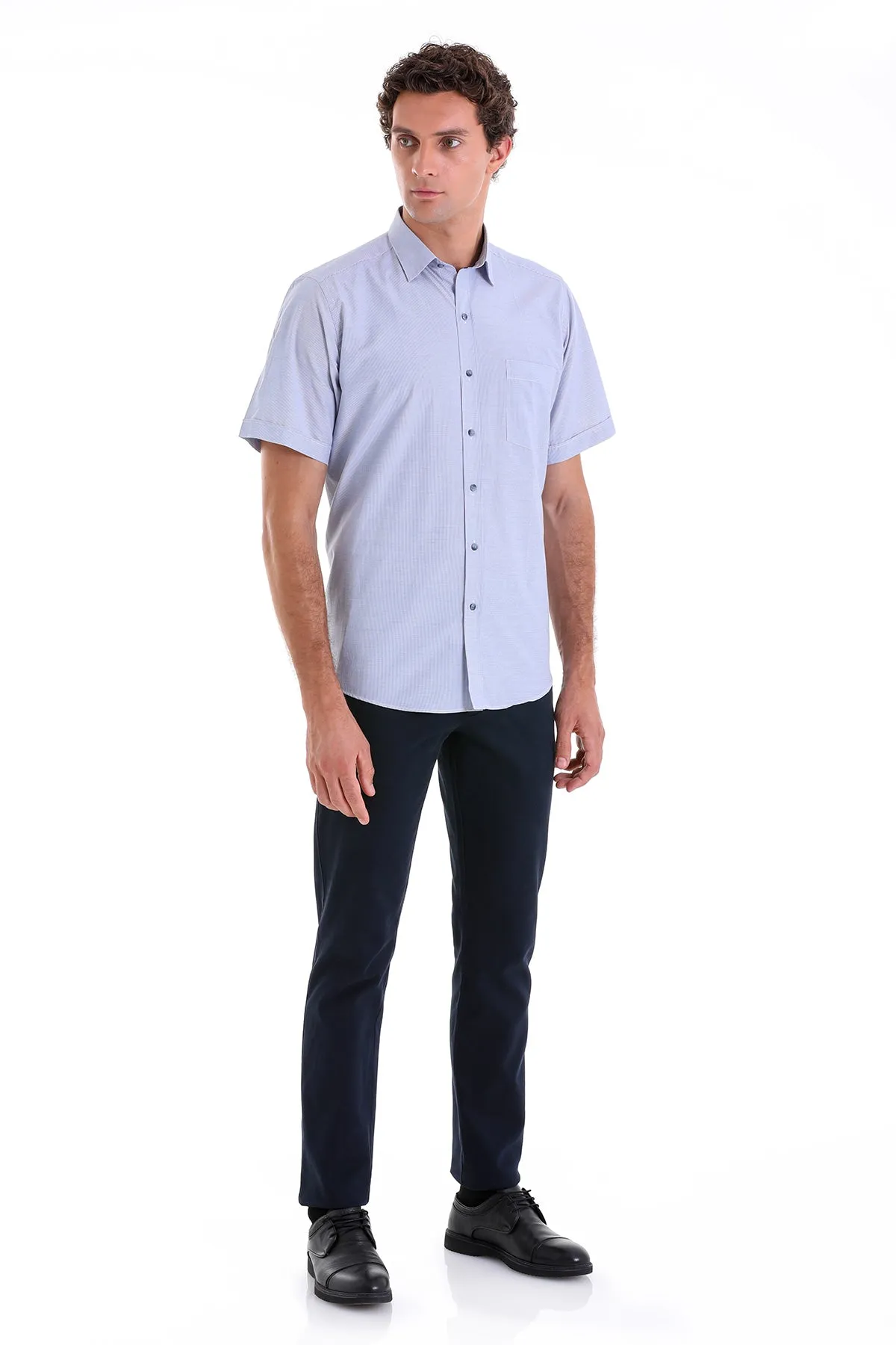 Regular Fit Pin Check Cotton Blend Navy Dress Shirt