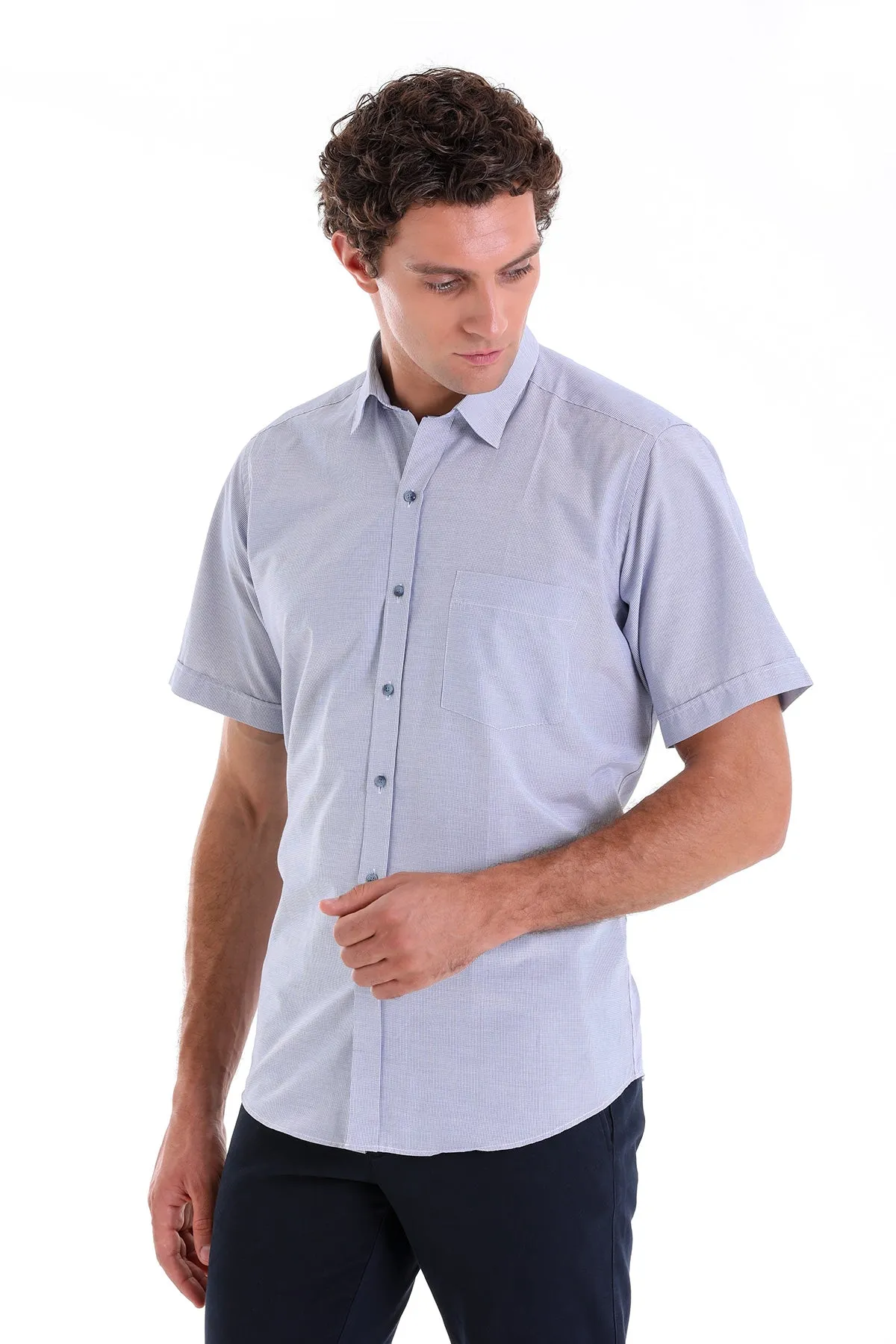 Regular Fit Pin Check Cotton Blend Navy Dress Shirt