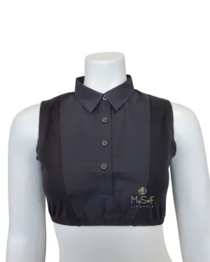 SH325 Black Sleeveless Modal Crop Shell w/ Placket & Pointy Collar