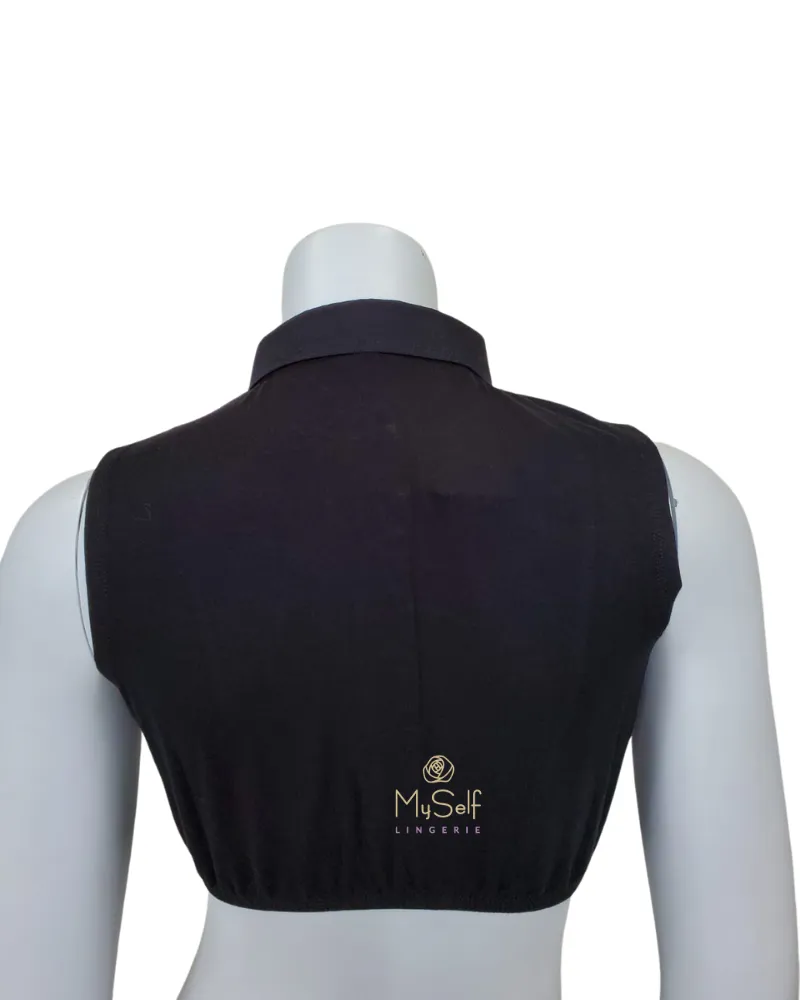 SH325 Black Sleeveless Modal Crop Shell w/ Placket & Pointy Collar
