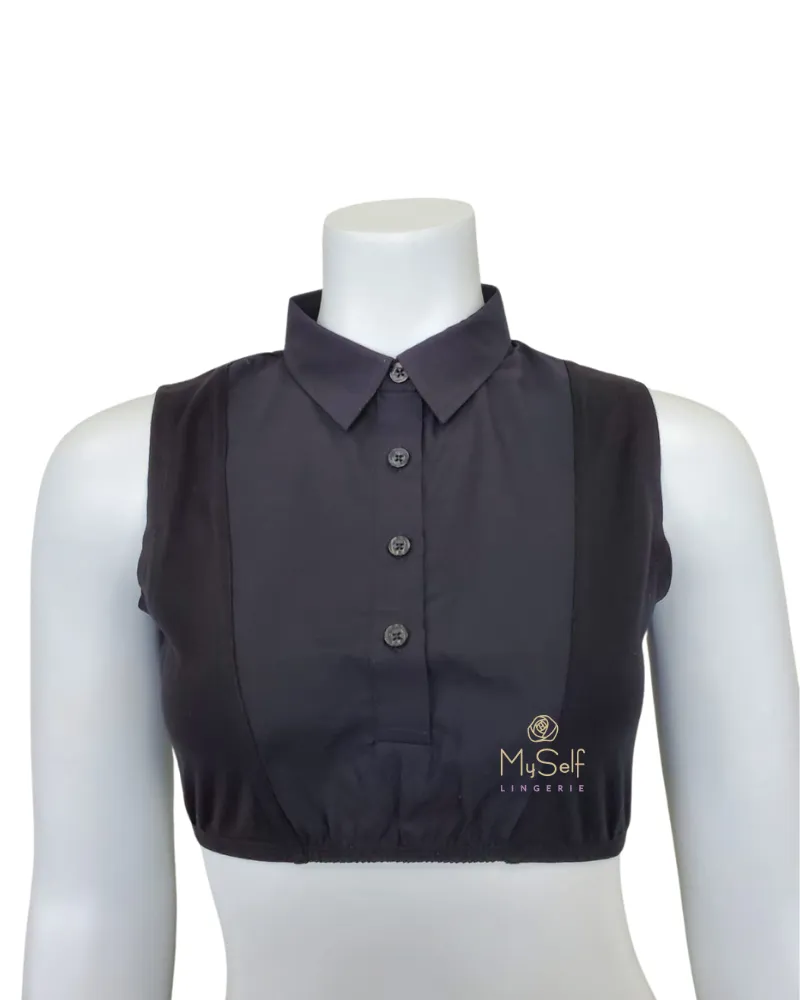 SH325 Black Sleeveless Modal Crop Shell w/ Placket & Pointy Collar