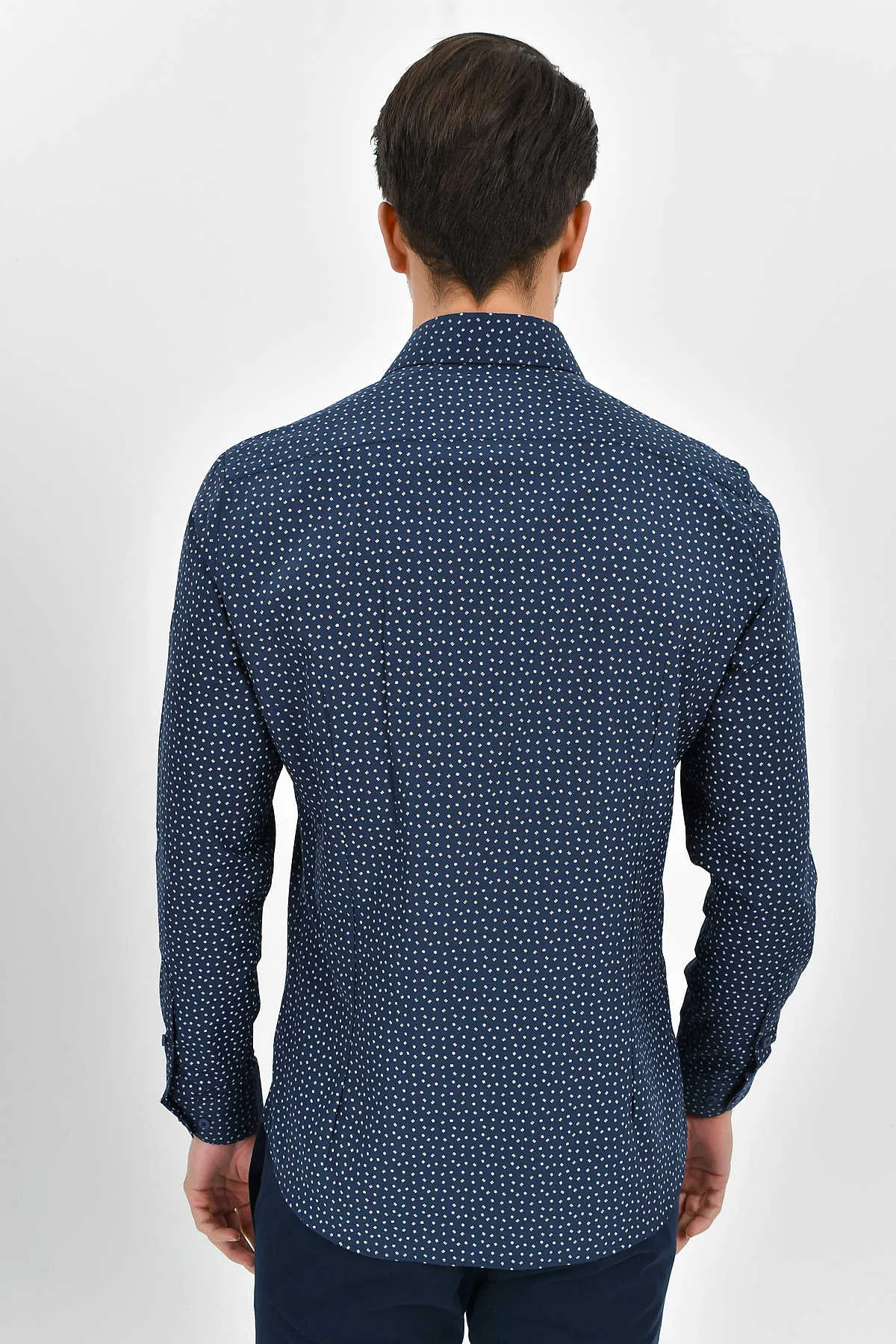 Slim Fit Printed 100% Cotton Blend Navy Dress Shirt