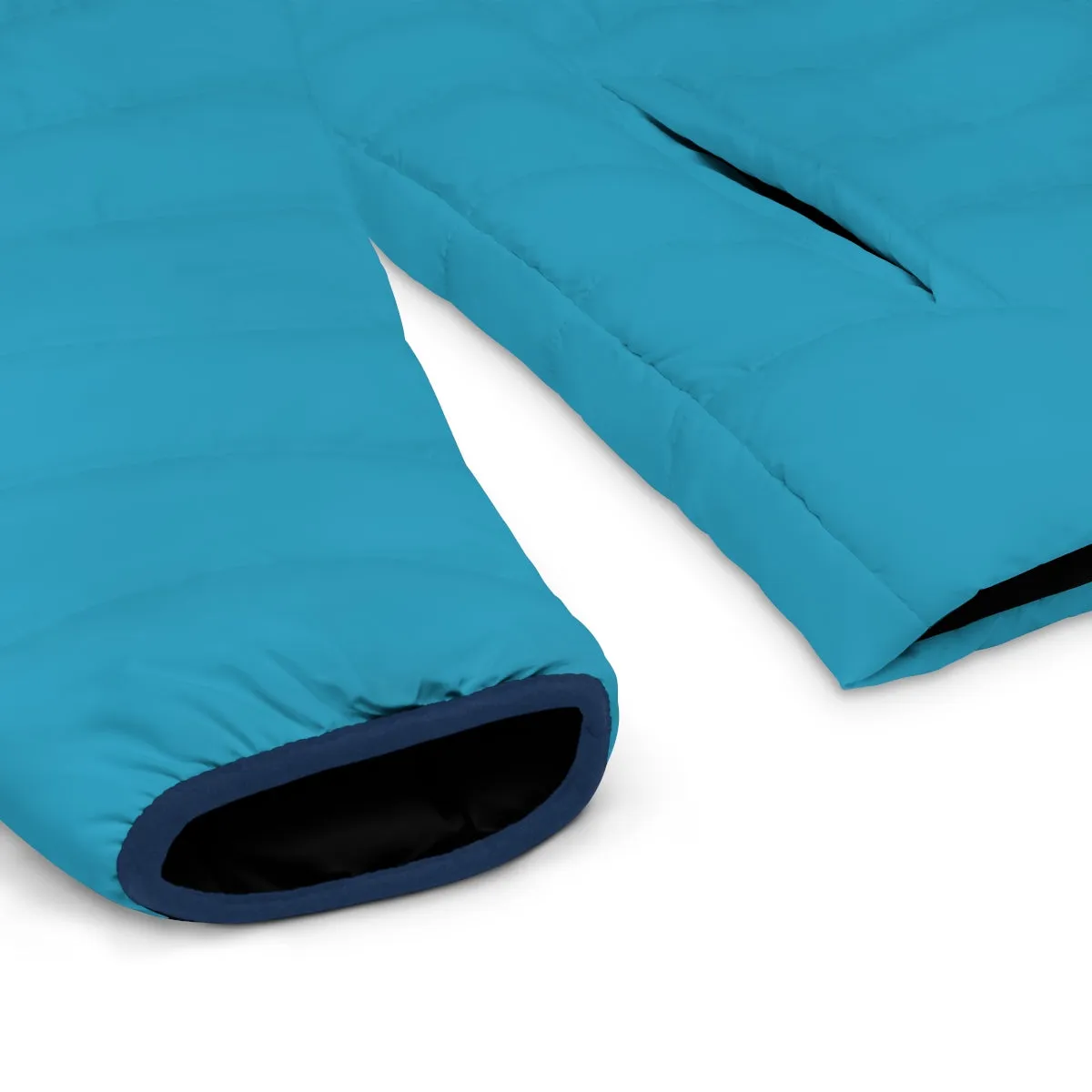 Turquoise Blue Color Men's Jacket, Best Regular Fit Polyester Men's Puffer Jacket With Stand Up Collar (US Size: S-2XL)