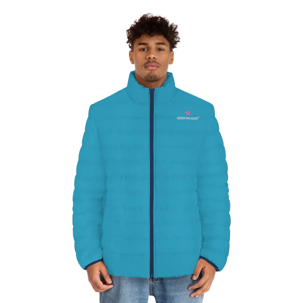 Turquoise Blue Color Men's Jacket, Best Regular Fit Polyester Men's Puffer Jacket With Stand Up Collar (US Size: S-2XL)