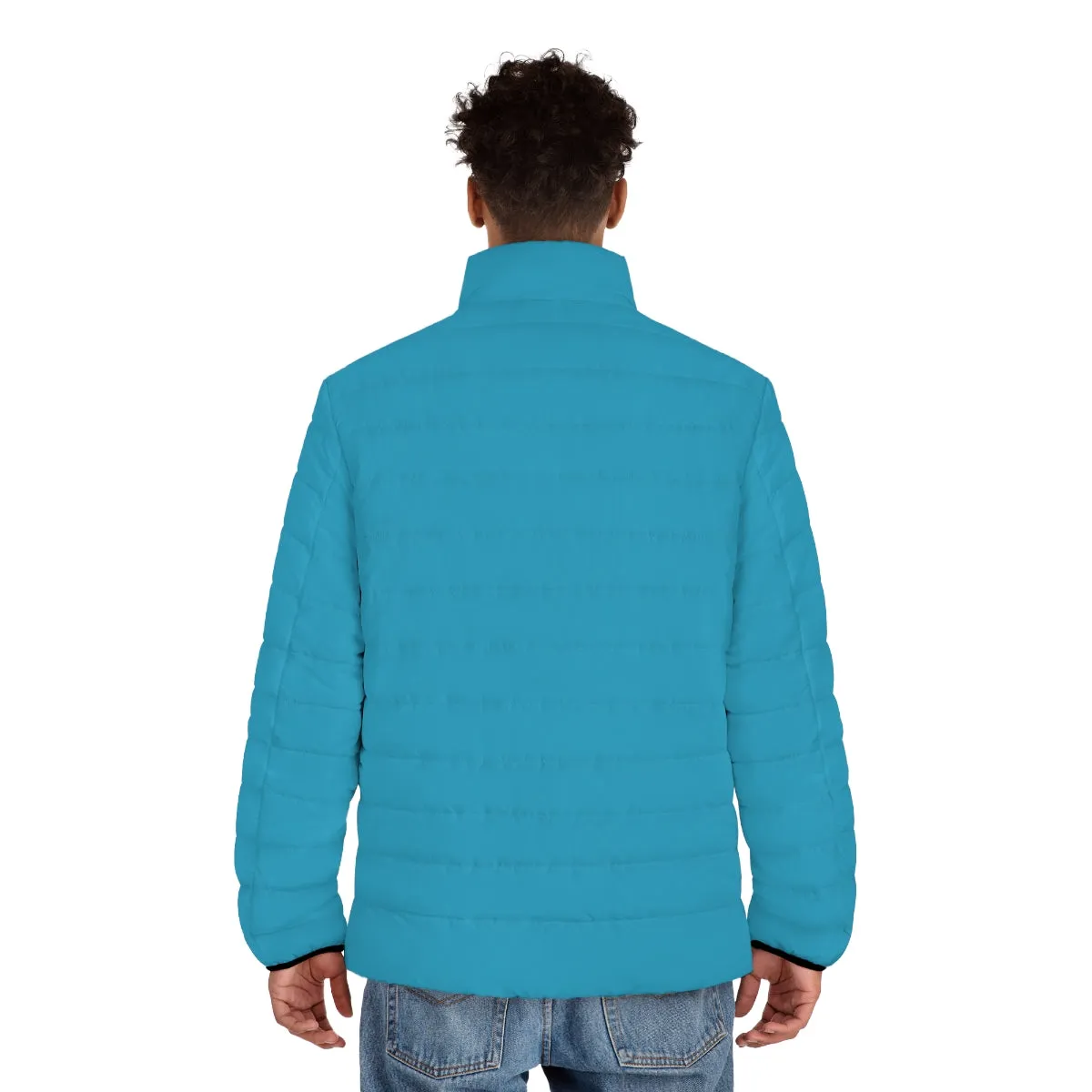 Turquoise Blue Color Men's Jacket, Best Regular Fit Polyester Men's Puffer Jacket With Stand Up Collar (US Size: S-2XL)