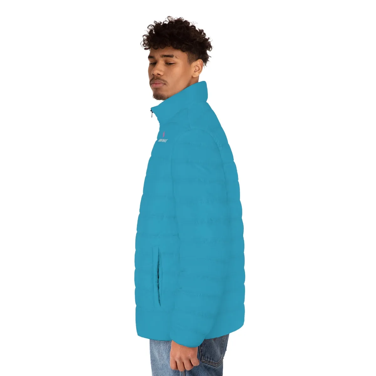 Turquoise Blue Color Men's Jacket, Best Regular Fit Polyester Men's Puffer Jacket With Stand Up Collar (US Size: S-2XL)