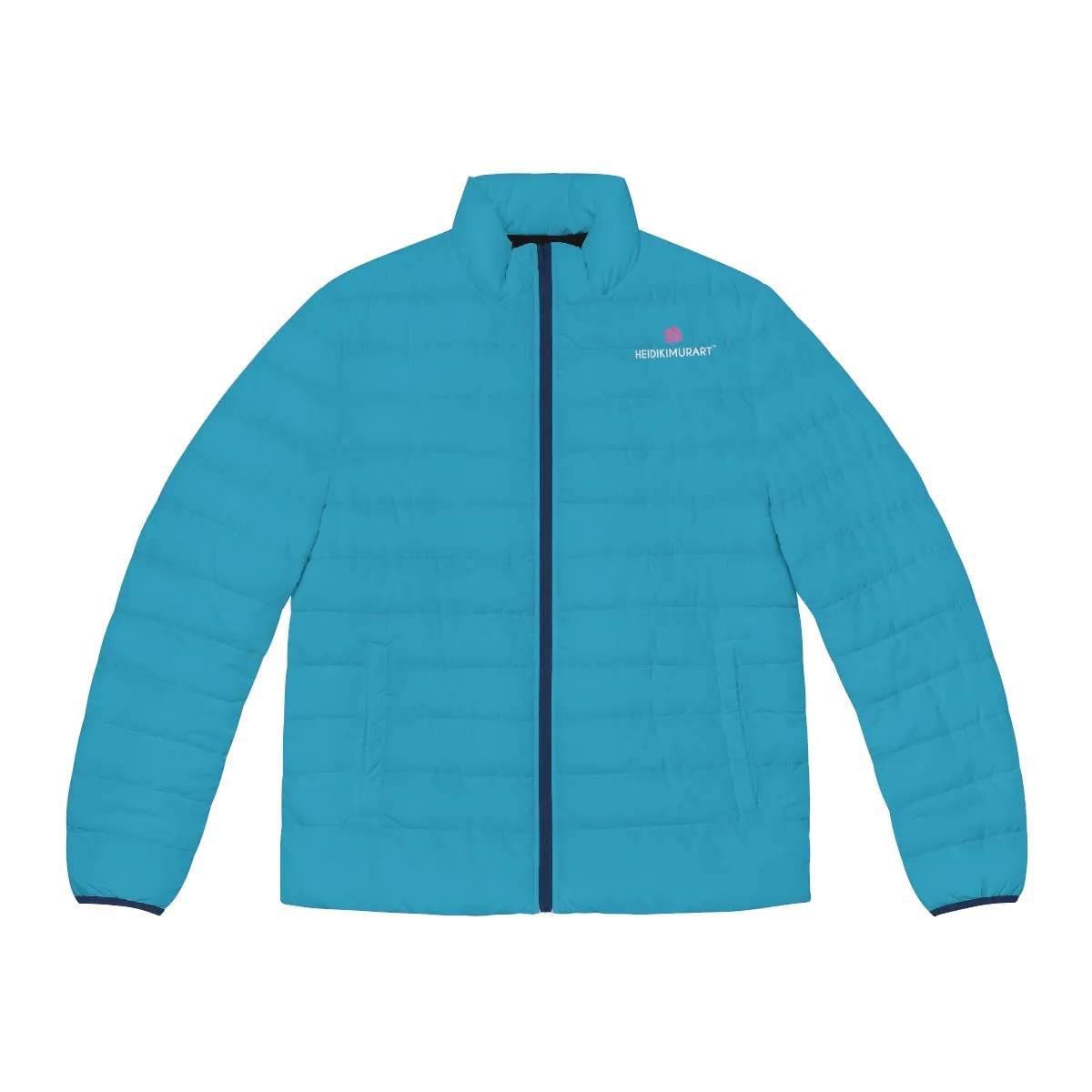 Turquoise Blue Color Men's Jacket, Best Regular Fit Polyester Men's Puffer Jacket With Stand Up Collar (US Size: S-2XL)