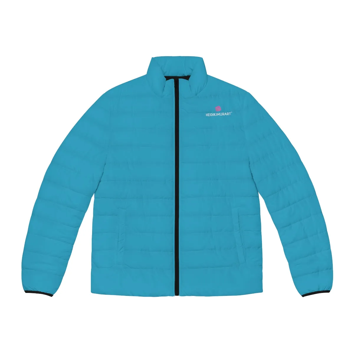 Turquoise Blue Color Men's Jacket, Best Regular Fit Polyester Men's Puffer Jacket With Stand Up Collar (US Size: S-2XL)