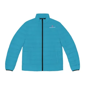 Turquoise Blue Color Men's Jacket, Best Regular Fit Polyester Men's Puffer Jacket With Stand Up Collar (US Size: S-2XL)