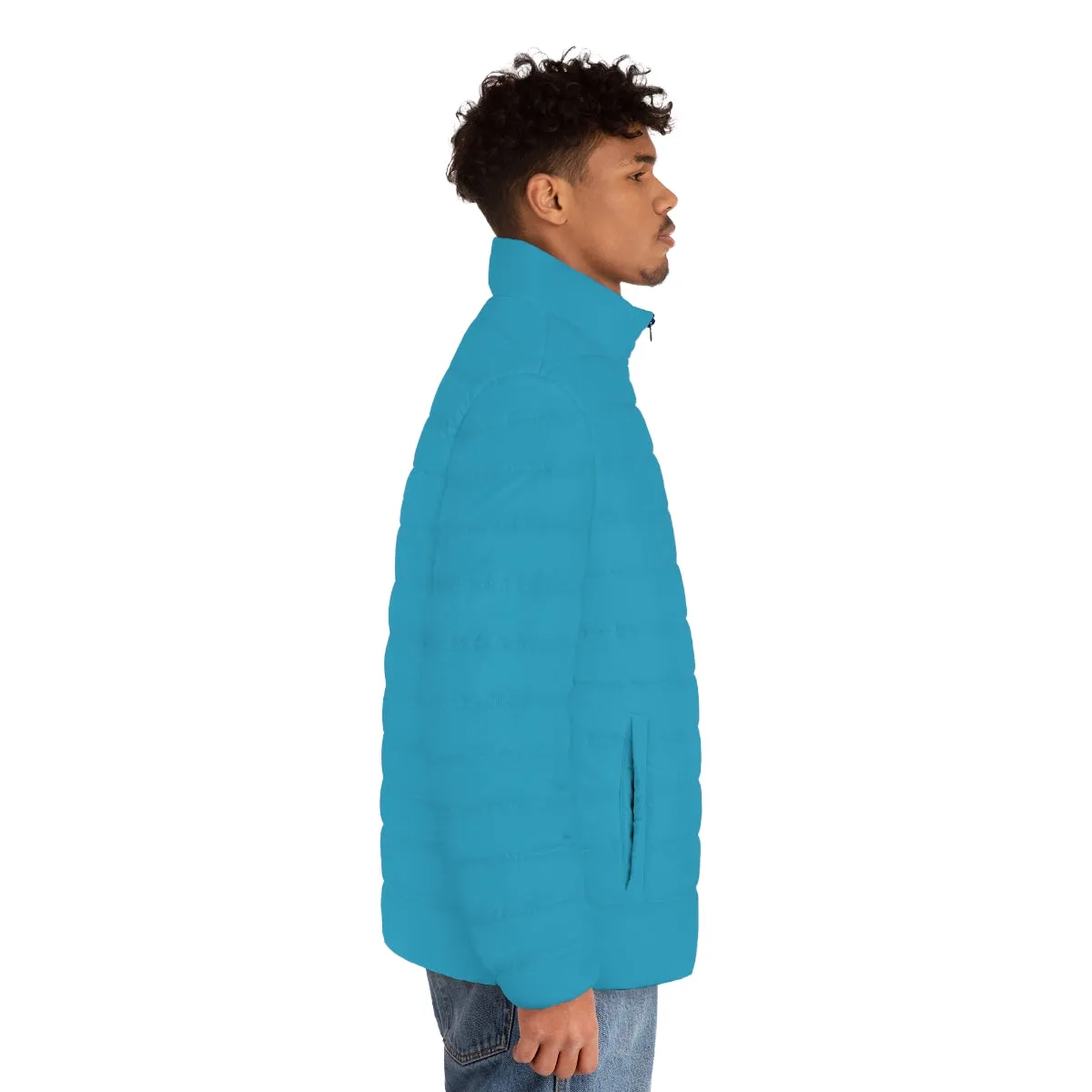 Turquoise Blue Color Men's Jacket, Best Regular Fit Polyester Men's Puffer Jacket With Stand Up Collar (US Size: S-2XL)