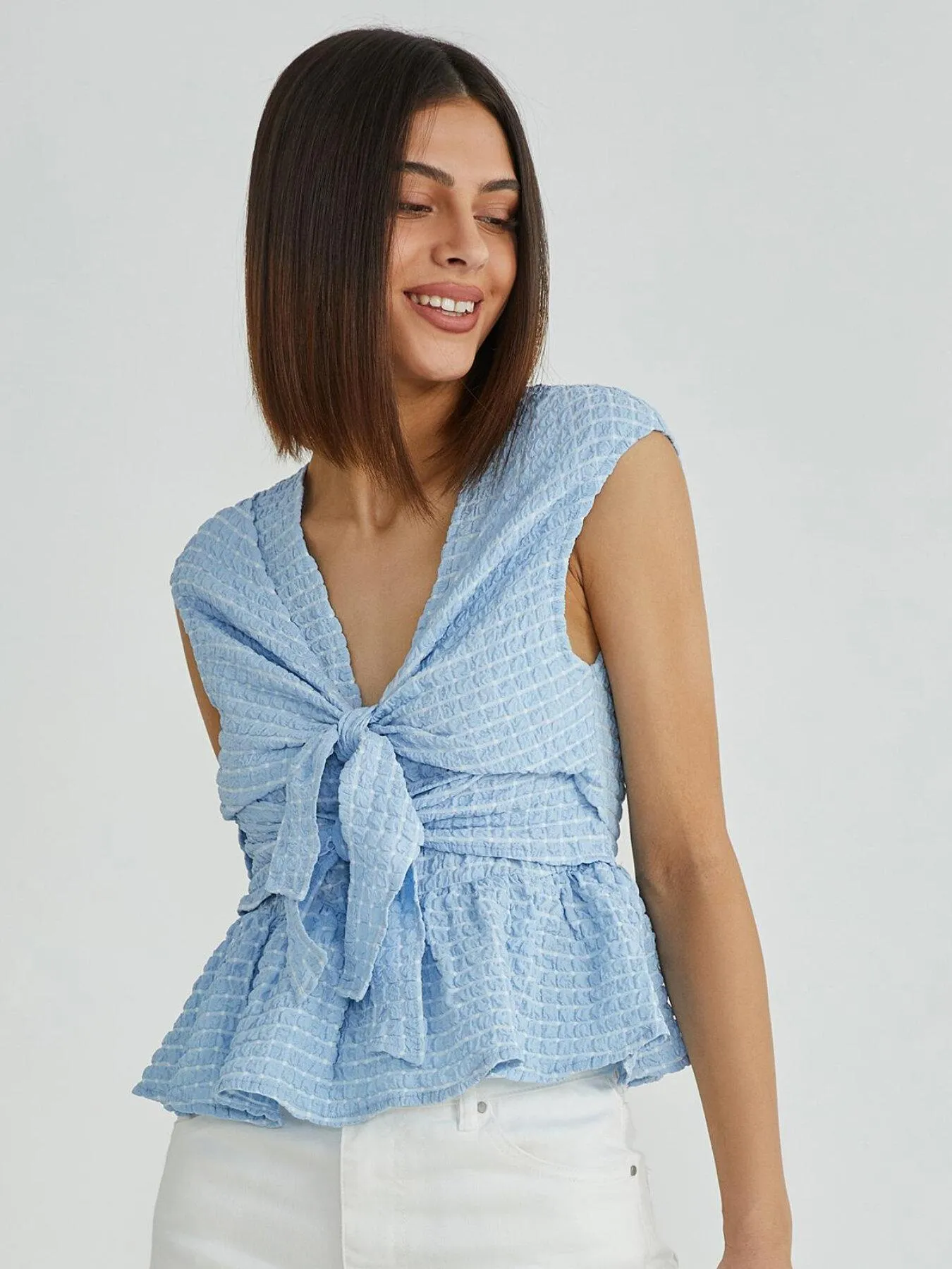 Women's Elegant Ruched Ruffle Hem Knot Tank Top