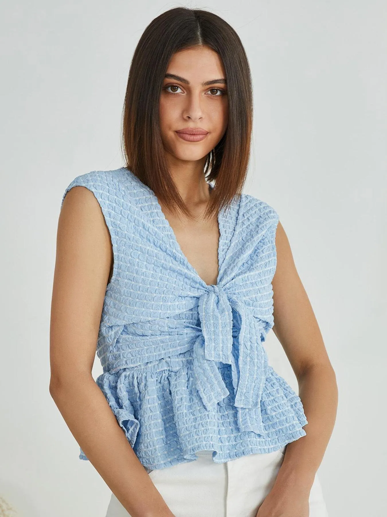 Women's Elegant Ruched Ruffle Hem Knot Tank Top
