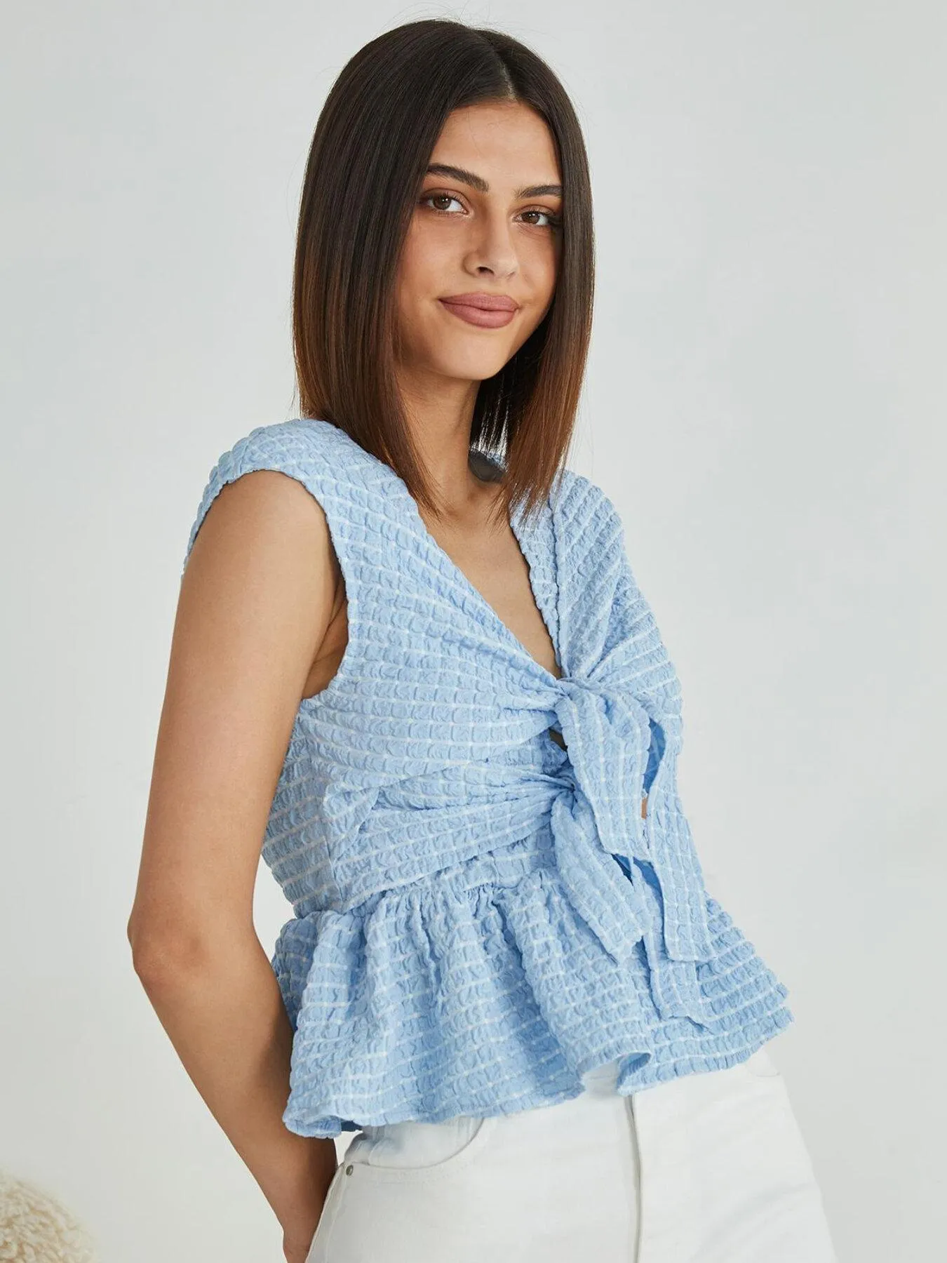 Women's Elegant Ruched Ruffle Hem Knot Tank Top